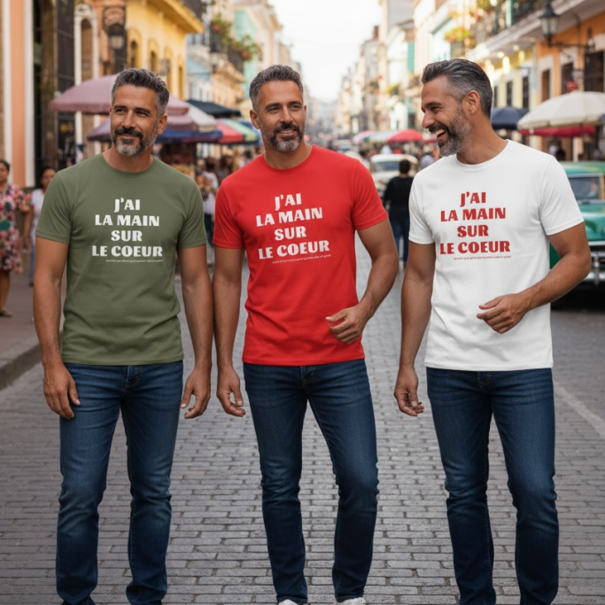 T-shirt personnalisés pour homme Trois hommes portant des t-shirts avec des phrases colorées en marchant dans une rue animée.