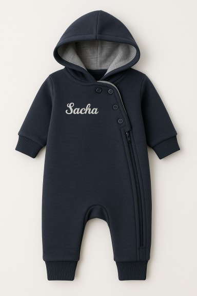 Ensemble de bébé bleu marine avec capuche, fermeture zippée et inscription "Sacha".