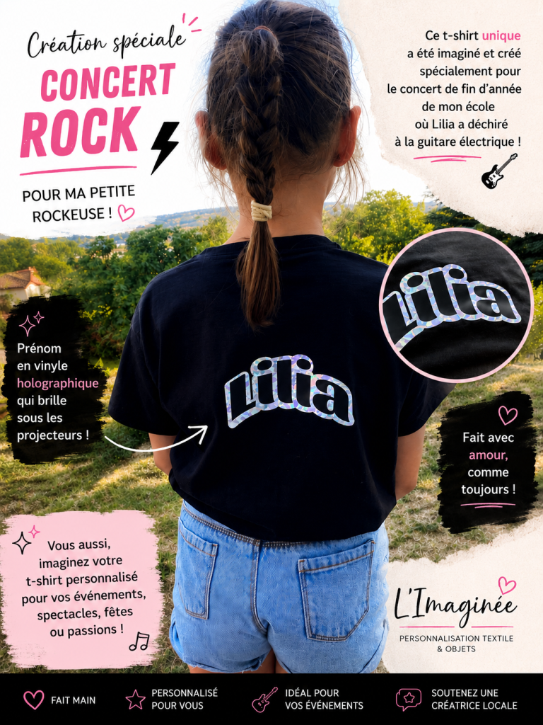 T-shirt noir avec inscription "Lilia", annonce un concert rock pour enfants.